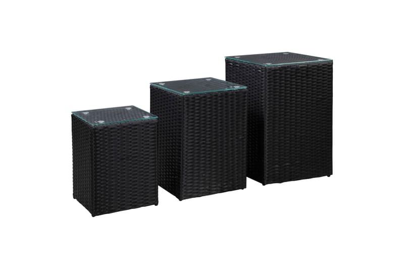 Sidebord 3 stk med glass topp svart polyrotting - Møbler - Bord - Avlastningsbord - Brettbord og småbord