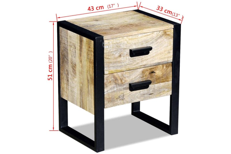Sidebord med 2 skuffer heltre mango 43x33x51 cm - Mangotre/Svart - Møbler - Bord - Avlastningsbord - Brettbord og småbord