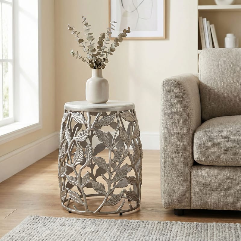 Ceron Rundt sidebord 40 cm med marmortopp - hvit sølv - Møbler - Bord - Avlastningsbord - Lampebord & sidebord