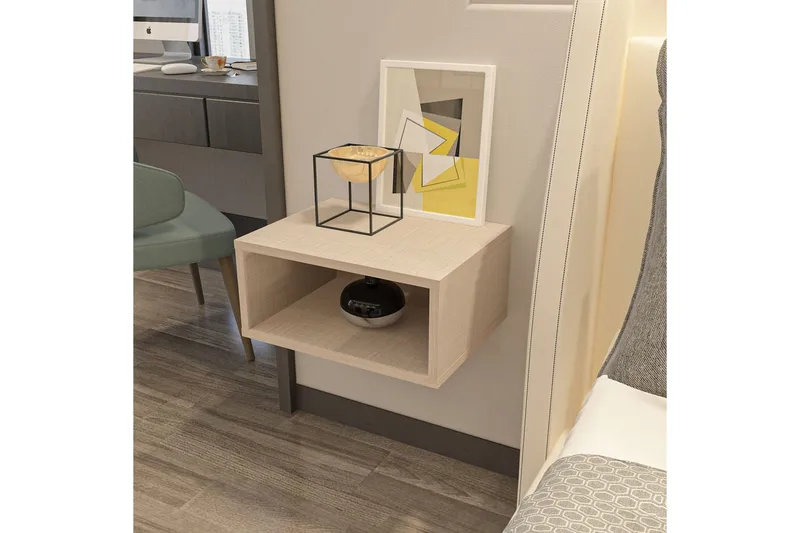 Dora Vegghengt Nattbord 45 cm med Tre- og Eikeutseende, Oppbevaring med Hylle - Beige - Møbler - Bord - Avlastningsbord - Sengebord & nattbord