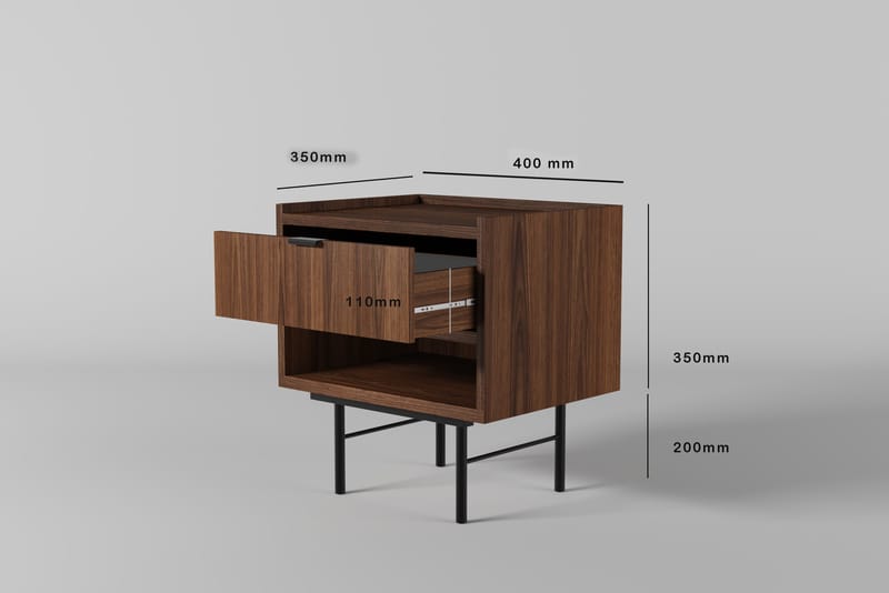 Dravo Nattbord 40 cm - Warmia valnøtt med svarte metallben - Møbler - Bord - Avlastningsbord - Sengebord & nattbord