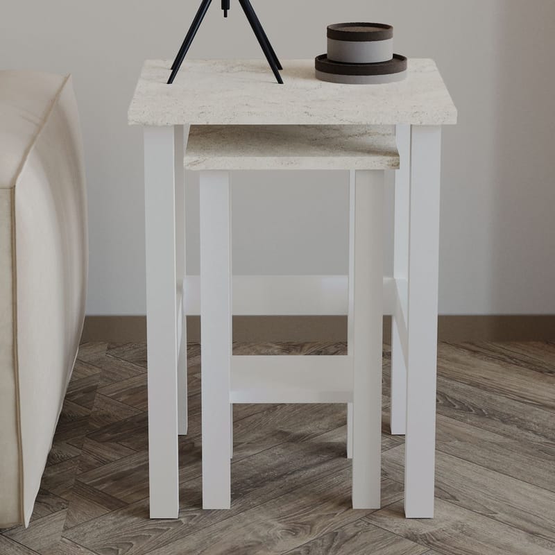 Ginallie Sidebord sett 45x60 cm - Hvit og travertin - Møbler - Bord - Avlastningsbord - Lampebord & sidebord