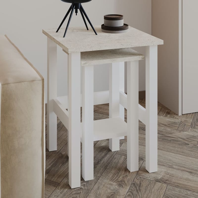 Ginallie Sidebord sett 45x60 cm - Hvit og travertin - Møbler - Bord - Avlastningsbord - Lampebord & sidebord