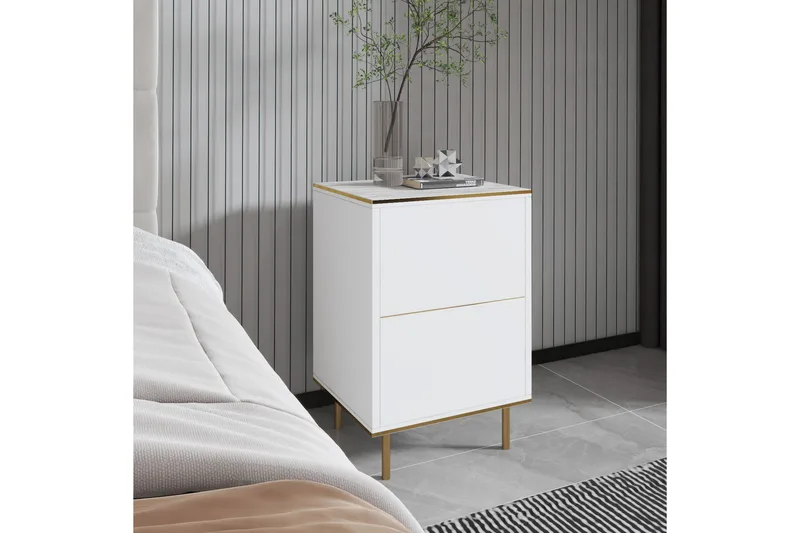 Imaj Nattbord 40 cm - Hvit marmor/Gull - Møbler - Bord - Avlastningsbord - Sengebord & nattbord