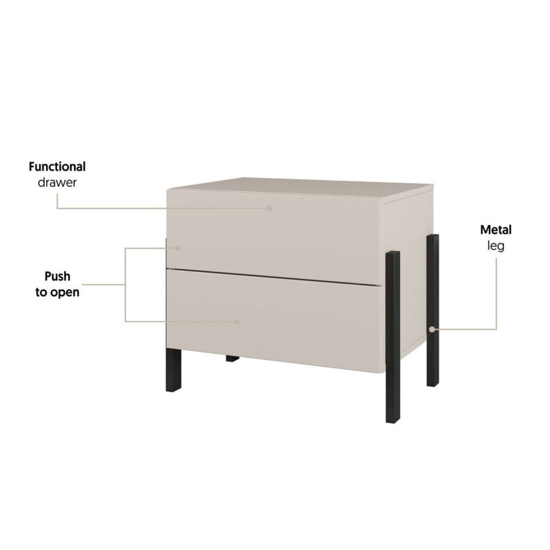 Jukon Nattbord i Tre med 2 Skuffer og Metallben - Lys Beige - Møbler - Bord - Avlastningsbord - Sengebord & nattbord