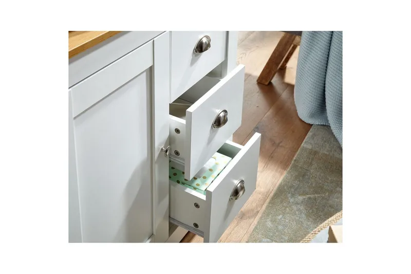 Kommode Wohnling med 3 skuffer 2 dører to-farget hvitt eik landlig stil - Oppbevaring - Oppbevaringsmøbler - Kommode - Entrekommode