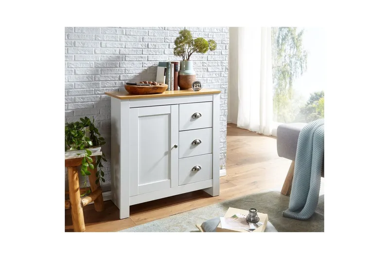 Kommode Wohnling med 3 skuffer 2 dører to-farget hvitt eik landlig stil - Oppbevaring - Oppbevaringsmøbler - Kommode - Entrekommode