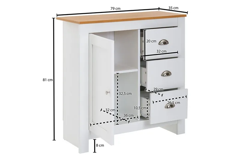 Kommode Wohnling med 3 skuffer 2 dører to-farget hvitt eik landlig stil - Oppbevaring - Oppbevaringsmøbler - Kommode - Entrekommode