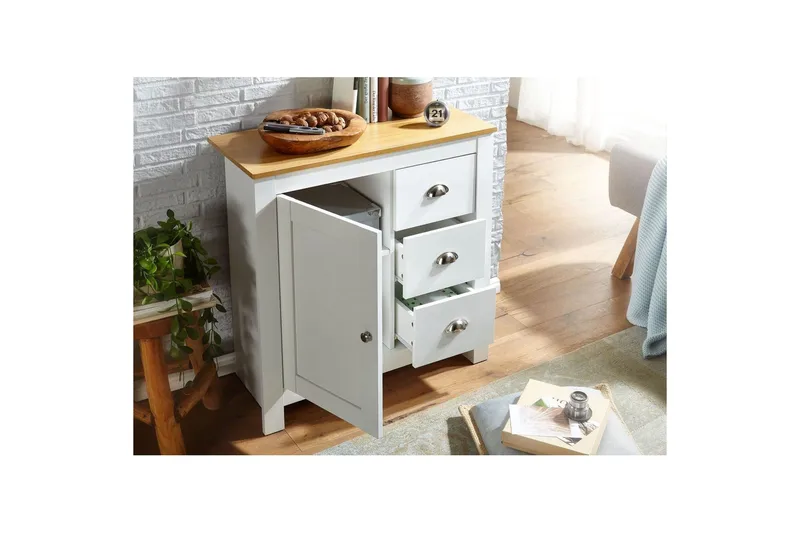 Kommode Wohnling med 3 skuffer 2 dører to-farget hvitt eik landlig stil - Oppbevaring - Oppbevaringsmøbler - Kommode - Entrekommode