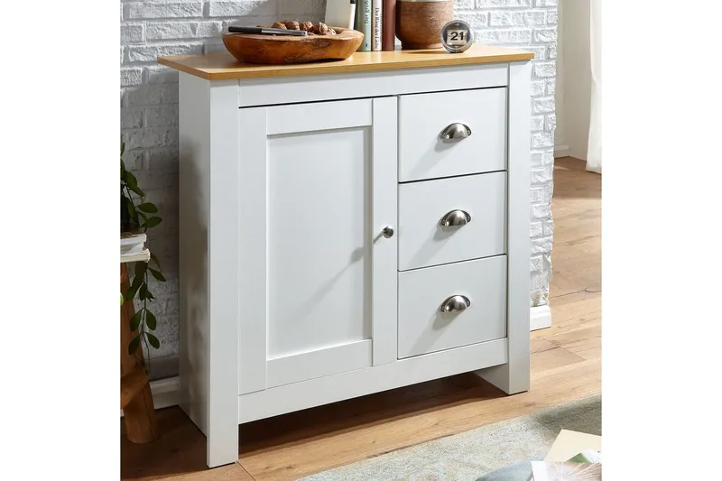 Kommode Wohnling med 3 skuffer 2 dører to-farget hvitt eik landlig stil - Oppbevaring - Oppbevaringsmøbler - Kommode - Entrekommode