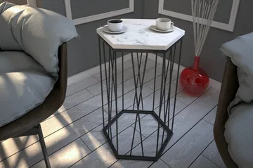Falan Sidebord 40 cm Heksagon Marmormønster - Hvit/Svart - Møbler - Bord - Avlastningsbord - Lampebord & sidebord