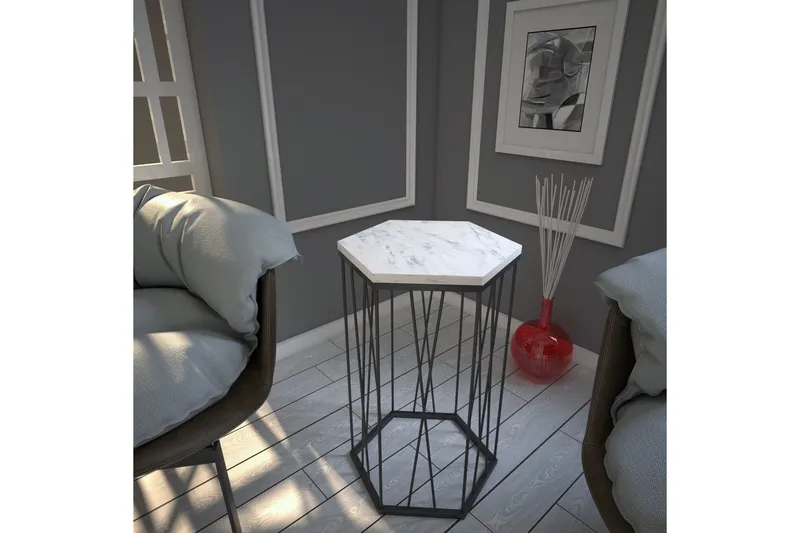 Falan Sidebord 40 cm Heksagon Marmormønster - Hvit/Svart - Møbler - Bord - Avlastningsbord - Lampebord & sidebord