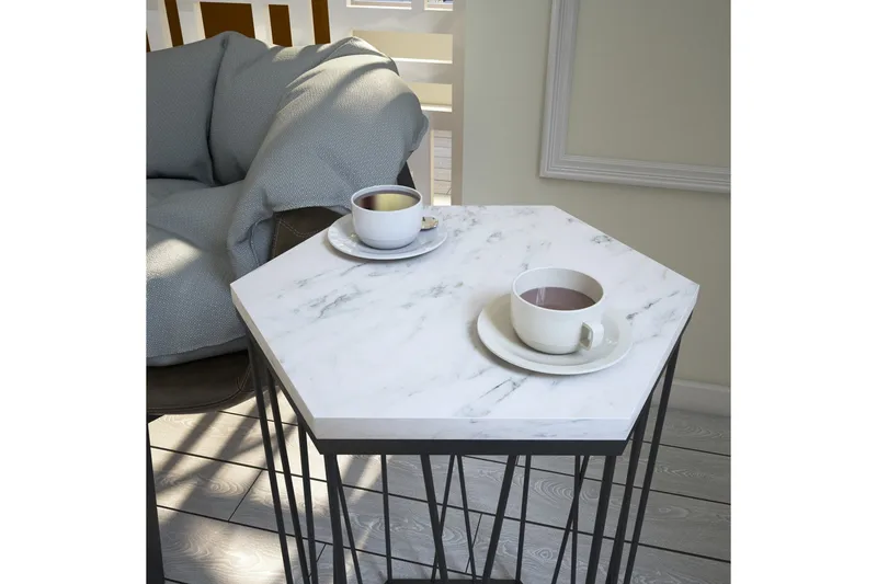 Falan Sidebord 40 cm Heksagon Marmormønster - Hvit/Svart - Møbler - Bord - Avlastningsbord - Lampebord & sidebord