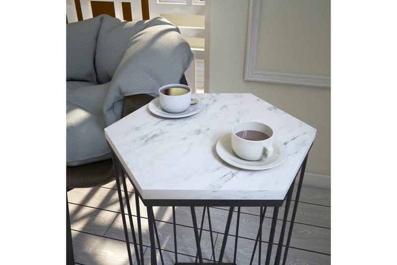 Falan Sidebord 40 cm Heksagon Marmormønster - Hvit/Svart - Møbler - Bord - Avlastningsbord - Lampebord & sidebord