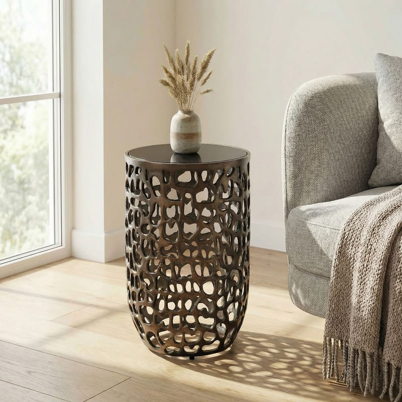 Lomvik rundt sidebord 30 cm i aluminium og glass - svart - Møbler - Bord - Avlastningsbord - Lampebord & sidebord