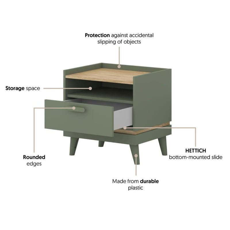 Nattbord Scandi 1 skuff - Falmet grønn - Oljet eik - Møbler - Bord - Avlastningsbord - Sengebord & nattbord