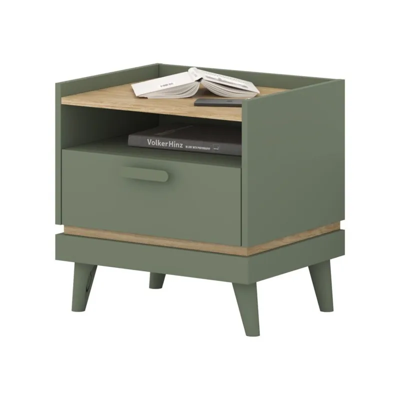 Nattbord Scandi 1 skuff - Falmet grønn - Oljet eik - Møbler - Bord - Avlastningsbord - Sengebord & nattbord