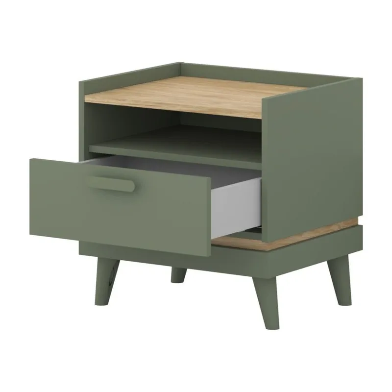 Nattbord Scandi 1 skuff - Falmet grønn - Oljet eik - Møbler - Bord - Avlastningsbord - Sengebord & nattbord