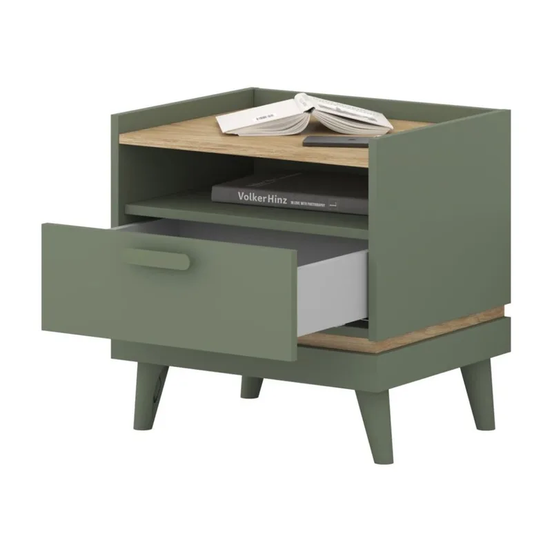 Nattbord Scandi 1 skuff - Falmet grønn - Oljet eik - Møbler - Bord - Avlastningsbord - Sengebord & nattbord