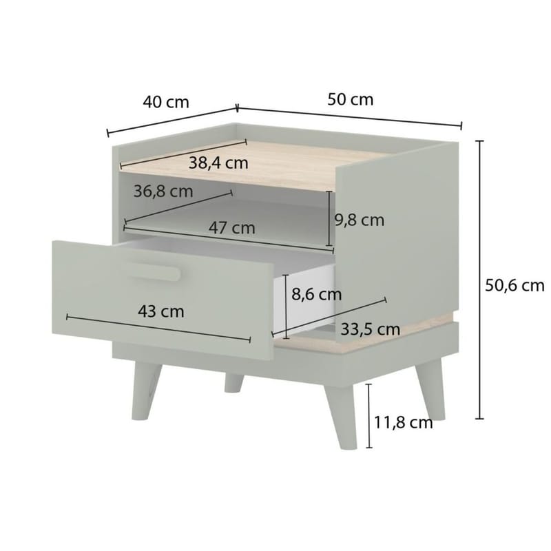 Nattbord Scandi 1 skuff - Falmet grønn - Oljet eik - Møbler - Bord - Avlastningsbord - Sengebord & nattbord