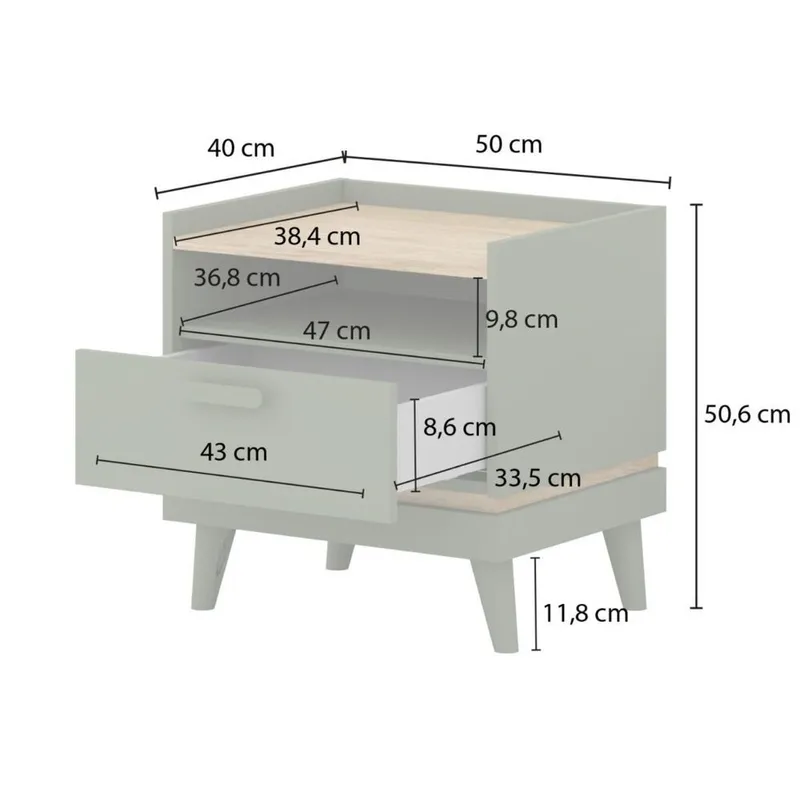 Nattbord Scandi 1 skuff - Falmet grønn - Oljet eik - Møbler - Bord - Avlastningsbord - Sengebord & nattbord