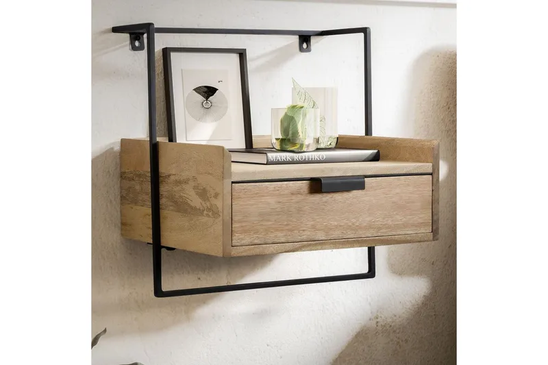 Nattbord Wohnling for veggmontering, laget av solid mangotre, med 1 skuff, industrielt-stil hylle Lysebrun - Lysebrun - Møbler - Bord - Avlastningsbord - Sengebord & nattbord