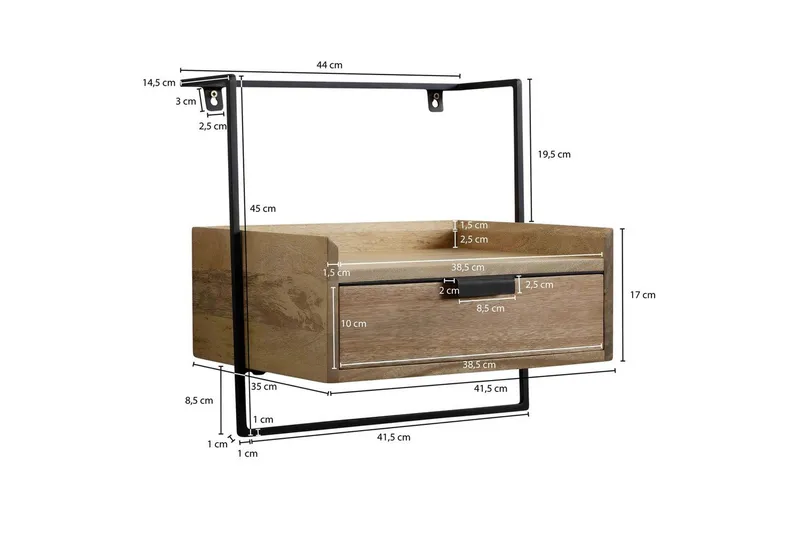 Nattbord Wohnling for veggmontering, laget av solid mangotre, med 1 skuff, industrielt-stil hylle Lysebrun - Lysebrun - Møbler - Bord - Avlastningsbord - Sengebord & nattbord