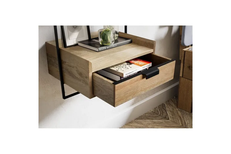 Nattbord Wohnling for veggmontering, laget av solid mangotre, med 1 skuff, industrielt-stil hylle Lysebrun - Lysebrun - Møbler - Bord - Avlastningsbord - Sengebord & nattbord
