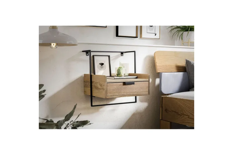 Nattbord Wohnling for veggmontering, laget av solid mangotre, med 1 skuff, industrielt-stil hylle Lysebrun - Lysebrun - Møbler - Bord - Avlastningsbord - Sengebord & nattbord