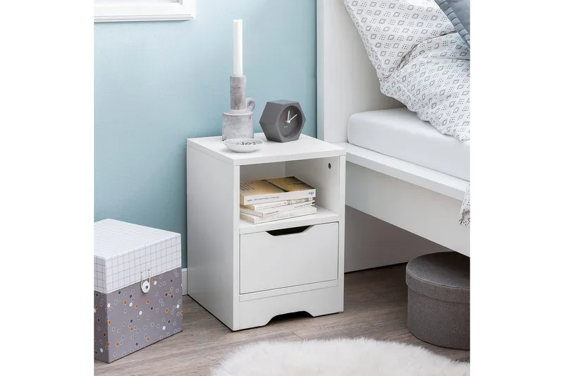 Nattbord Wohnling Hvit med 1 skuff Enkel moderne design og hylle - Møbler - Bord - Avlastningsbord - Sengebord & nattbord