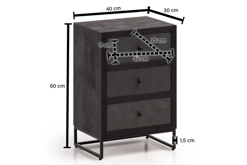 Nattbord Wohnling laget av massivt tre for kontinentalseng med 3 skuffer, skiferutseende, i landlig stil Svart - Svart - Møbler - Bord - Avlastningsbord - Sengebord & nattbord