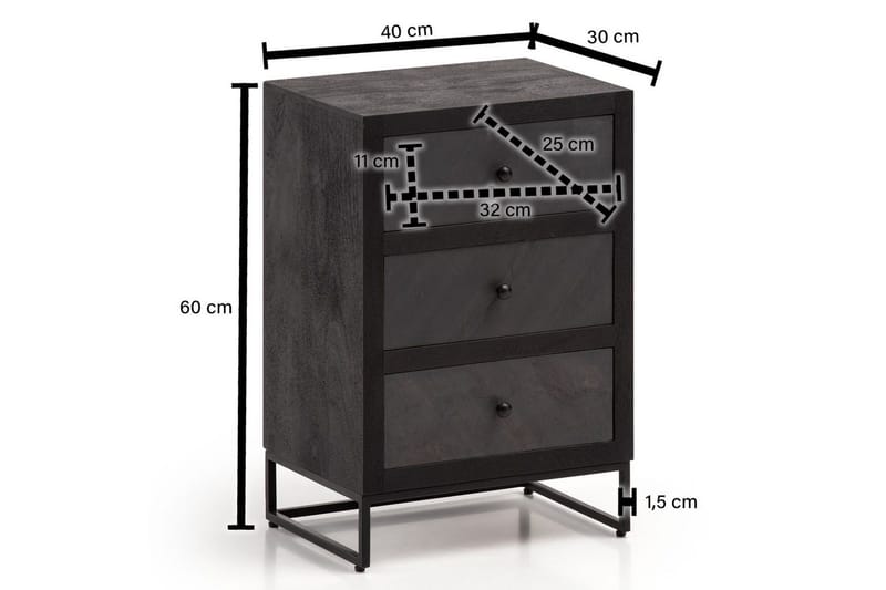 Nattbord Wohnling laget av massivt tre for kontinentalseng med 3 skuffer, skiferutseende, i landlig stil Svart - Svart - Møbler - Bord - Avlastningsbord - Sengebord & nattbord