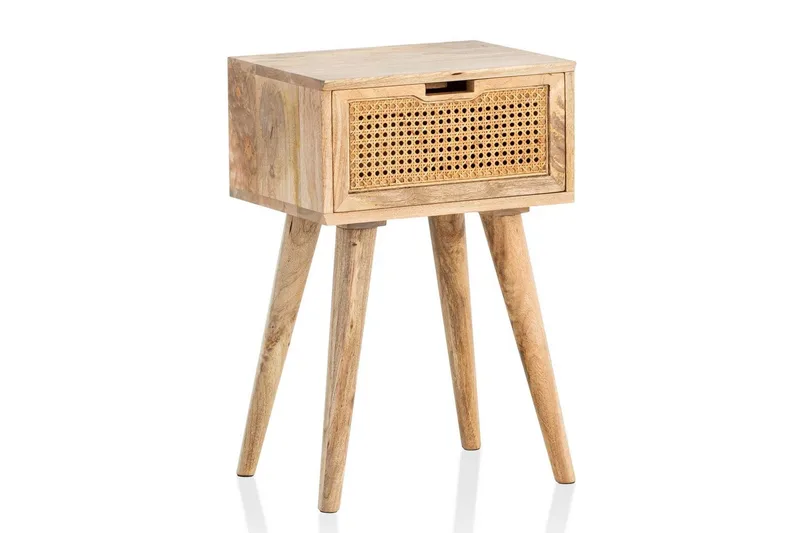 Nattbord Wohnling Massivt mangotre med 1 skuff med wienerfletting i moderne design Lysebrun, Lysebrun