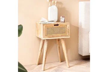 Nattbord Wohnling Massivt mangotre med 1 skuff med wienerfletting i moderne design Lysebrun - Møbler - Bord - Avlastningsbord - Sengebord & nattbord