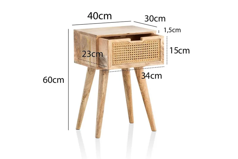 Nattbord Wohnling Massivt mangotre med 1 skuff med wienerfletting i moderne design Lysebrun - Møbler - Bord - Avlastningsbord - Sengebord & nattbord