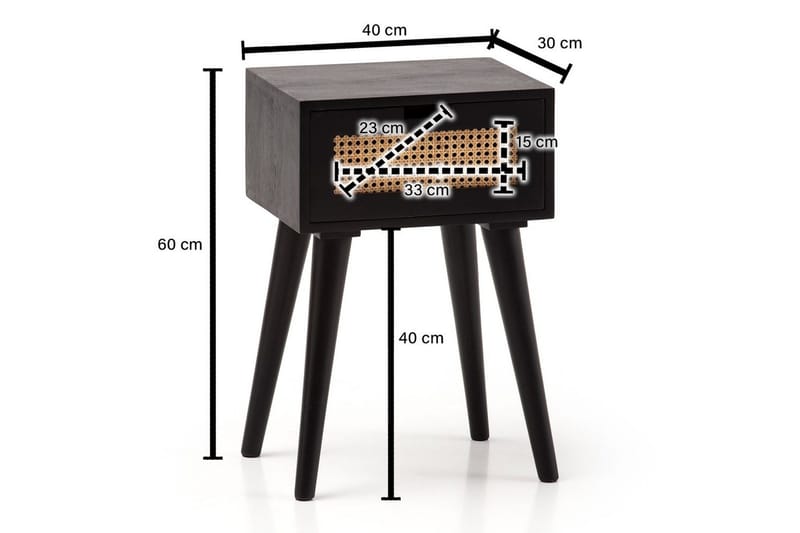 Nattbord Wohnling Massivt mangotre med 1 skuff med wienerfletting i moderne design Svart - Svart - Møbler - Bord - Avlastningsbord - Sengebord & nattbord