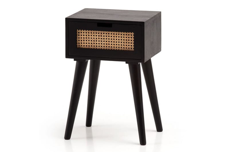 Nattbord Wohnling Massivt mangotre med 1 skuff med wienerfletting i moderne design Svart - Svart - Møbler - Bord - Avlastningsbord - Sengebord & nattbord