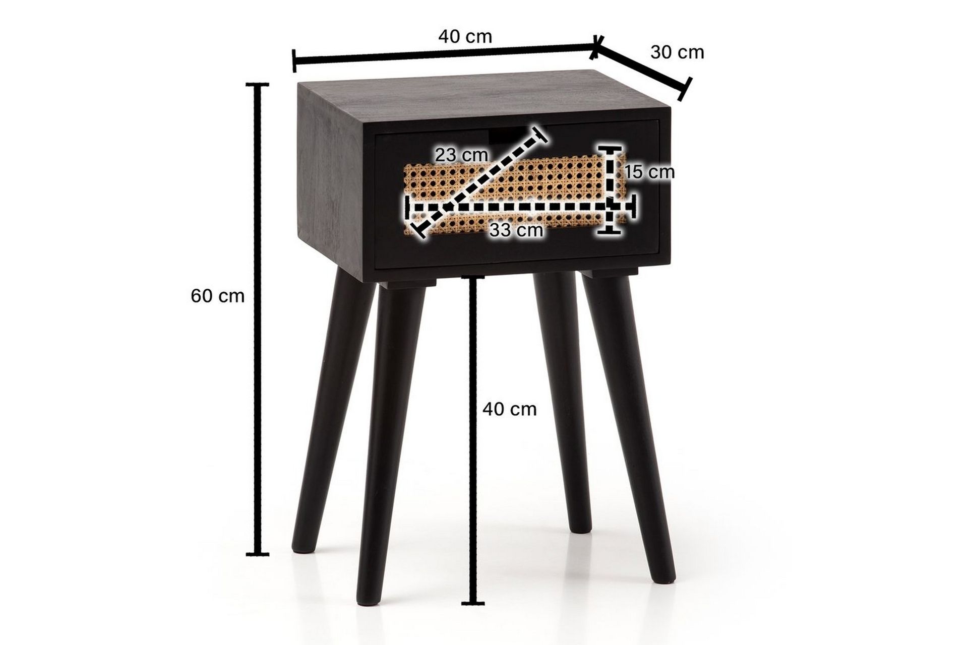 Nattbord Wohnling Massivt mangotre med 1 skuff med wienerfletting i moderne design Svart - Svart - Møbler - Bord - Avlastningsbord - Sengebord & nattbord