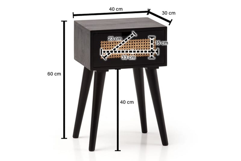 Nattbord Wohnling Massivt mangotre med 1 skuff med wienerfletting i moderne design Svart - Svart - Møbler - Bord - Avlastningsbord - Sengebord & nattbord