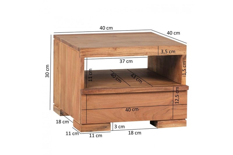 Nattbord Wohnling Massivt tre med skuff og hylle i lav design i landlig stil Akasie - Akasie - Møbler - Bord - Avlastningsbord - Sengebord & nattbord