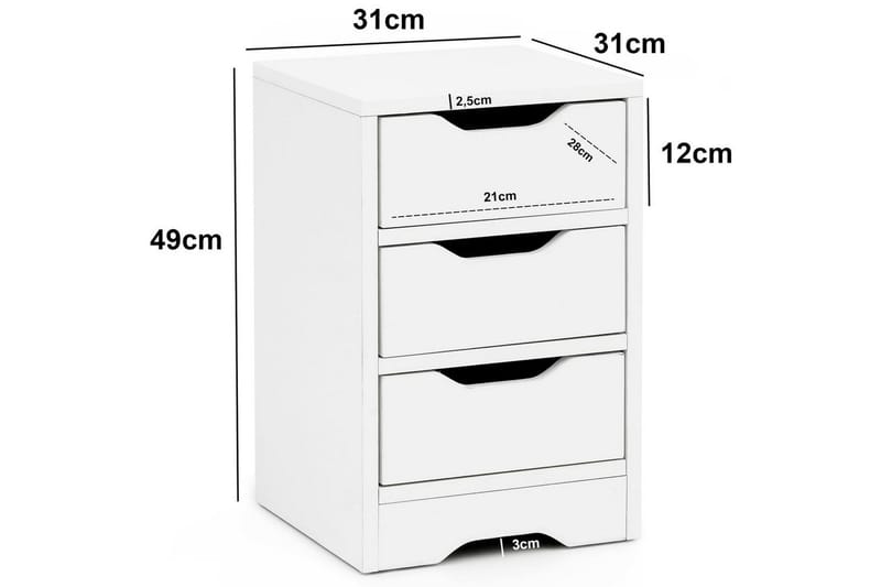 Nattbord Wohnling med 3 skuffer i et enkelt, moderne design for rammemadrass Hvit - Hvit - Møbler - Bord - Avlastningsbord - Sengebord & nattbord