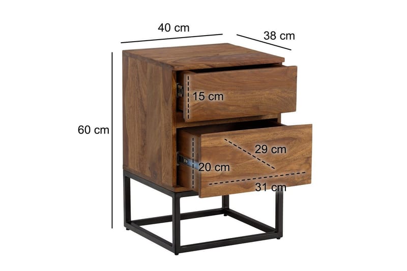 Nattbord Wohnling Moderne utseende med 2 skuffer laget av solid sheeshamtre i industriell stil - Møbler - Bord - Avlastningsbord - Sengebord & nattbord