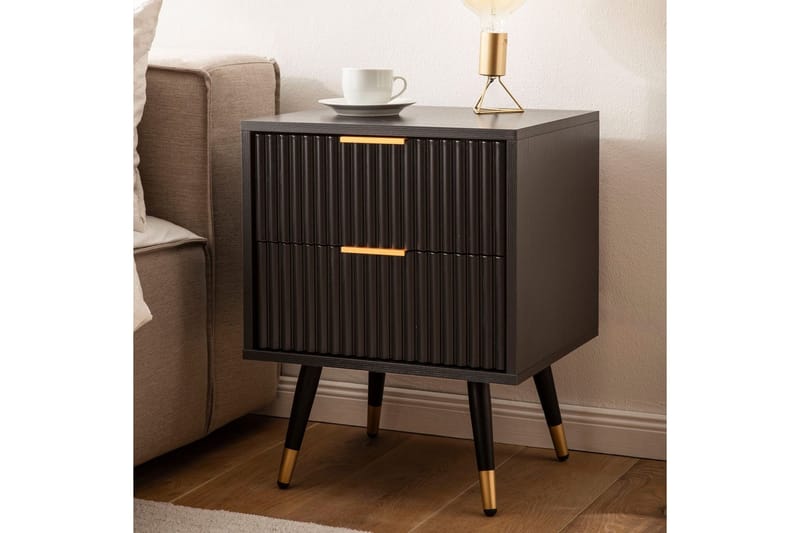 Nattbord Wohnling Moderne utseende med 2 skuffer laget av sponplater med eikeeffekt og blanke høydepunkter - Møbler - Bord - Avlastningsbord - Sengebord & nattbord