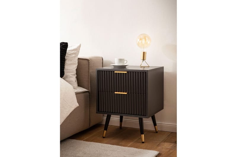 Nattbord Wohnling Moderne utseende med 2 skuffer laget av sponplater med eikeeffekt og blanke høydepunkter - Møbler - Bord - Avlastningsbord - Sengebord & nattbord