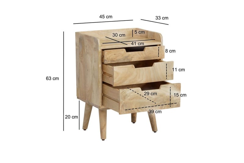 Nattbord Wohnling Moderne utseende med 3 skuffer laget av solid mangotre og en lagringshylle - Møbler - Bord - Avlastningsbord - Sengebord & nattbord
