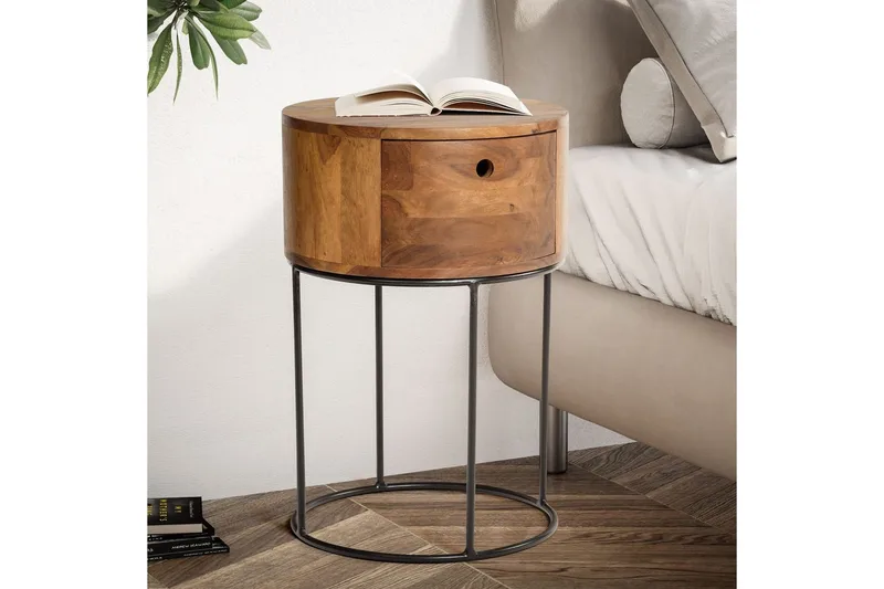 Nattbord Wohnling rundt, massivt tre med 1 skuff i moderne stil mørkebrun - mørkebrun - Møbler - Bord - Avlastningsbord - Sengebord & nattbord