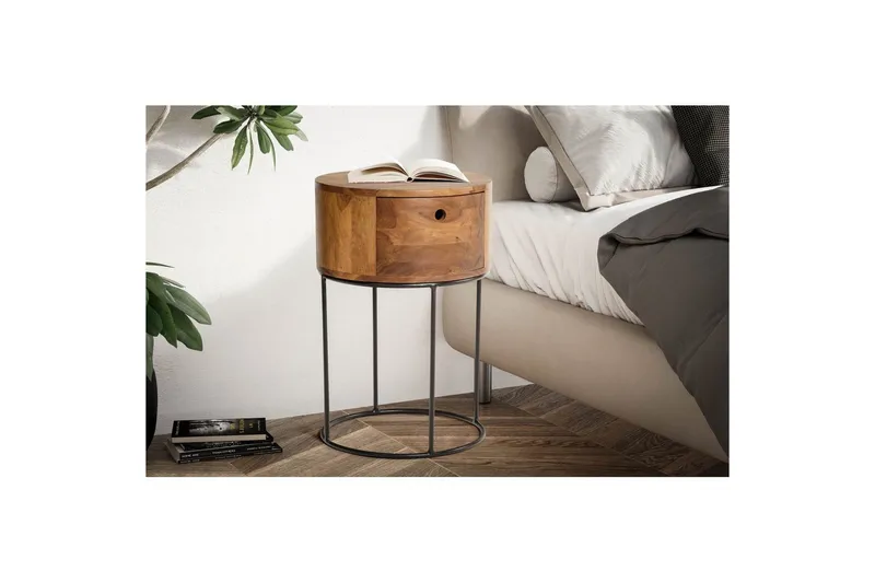 Nattbord Wohnling rundt, massivt tre med 1 skuff i moderne stil mørkebrun - mørkebrun - Møbler - Bord - Avlastningsbord - Sengebord & nattbord