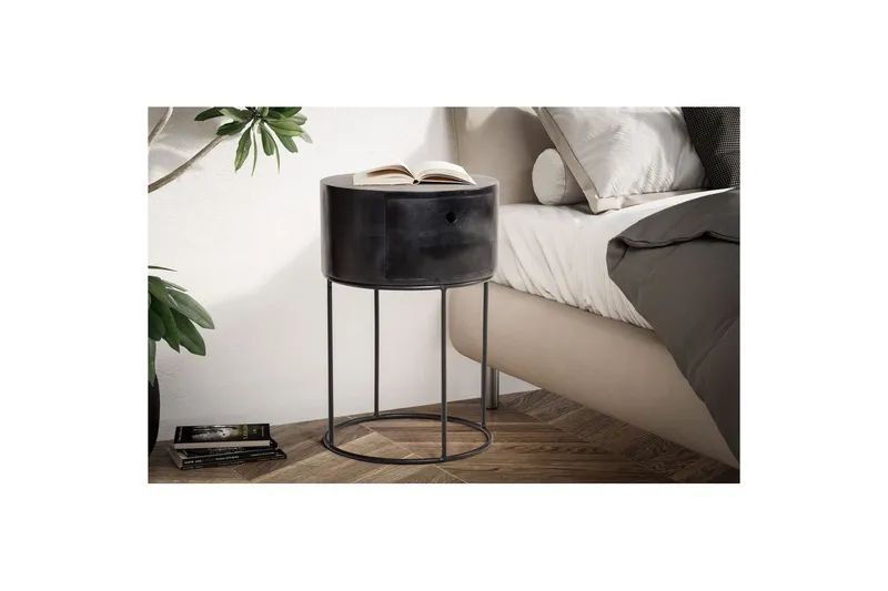 Nattbord Wohnling rundt, massivt tre med 1 skuff i moderne stil Svart - Svart - Møbler - Bord - Avlastningsbord - Sengebord & nattbord