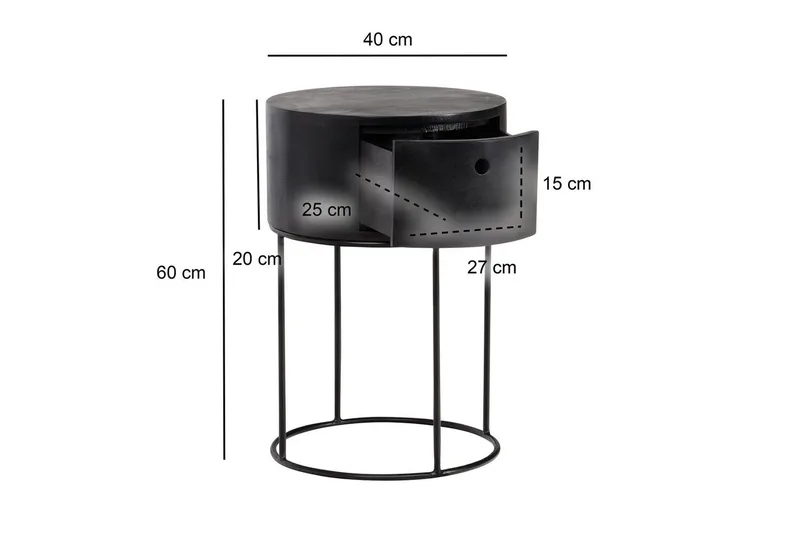 Nattbord Wohnling rundt, massivt tre med 1 skuff i moderne stil Svart - Svart - Møbler - Bord - Avlastningsbord - Sengebord & nattbord