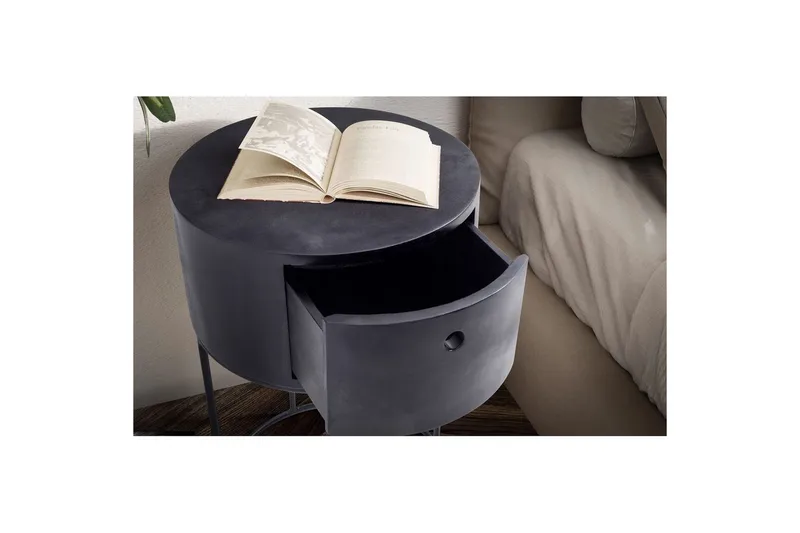 Nattbord Wohnling rundt, massivt tre med 1 skuff i moderne stil Svart - Svart - Møbler - Bord - Avlastningsbord - Sengebord & nattbord